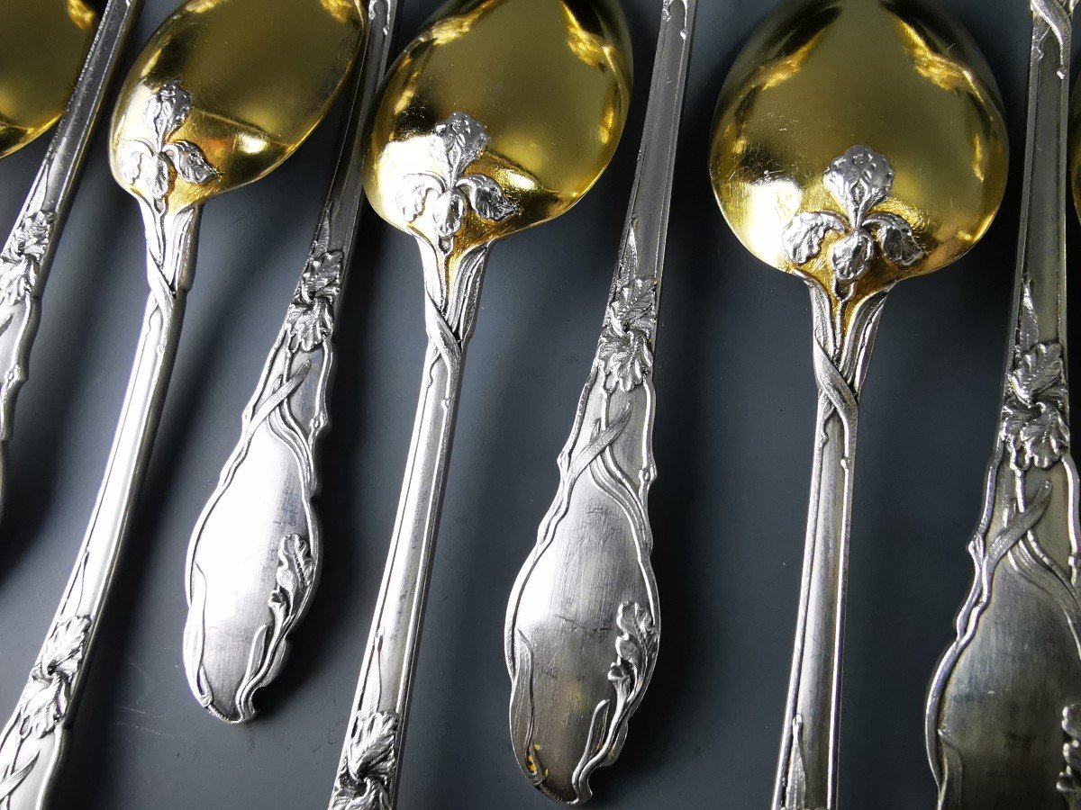 Ravinet d'Enfert - Set Of 12 Art Nouveau Iris Decor Spoons Silver Minerve-photo-4