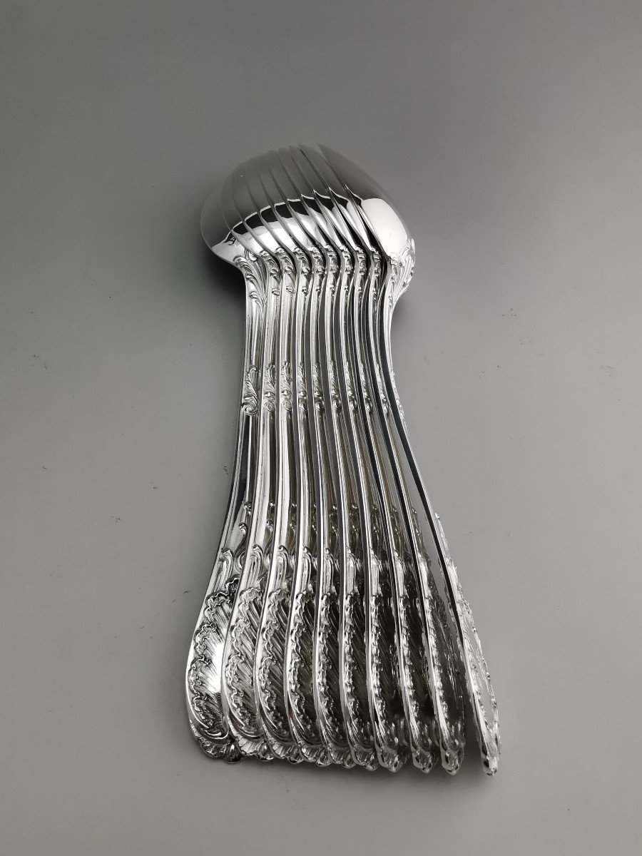 Puiforcat - "louis XV" - 10 Dessert/entremet Spoons - Sterling Silver Minerve-photo-2