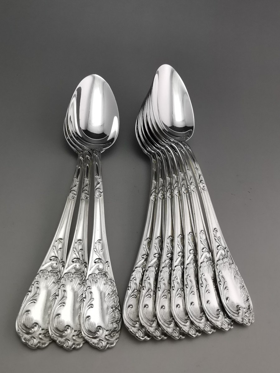 Puiforcat - "louis XV" - 10 Dessert/entremet Spoons - Sterling Silver Minerve