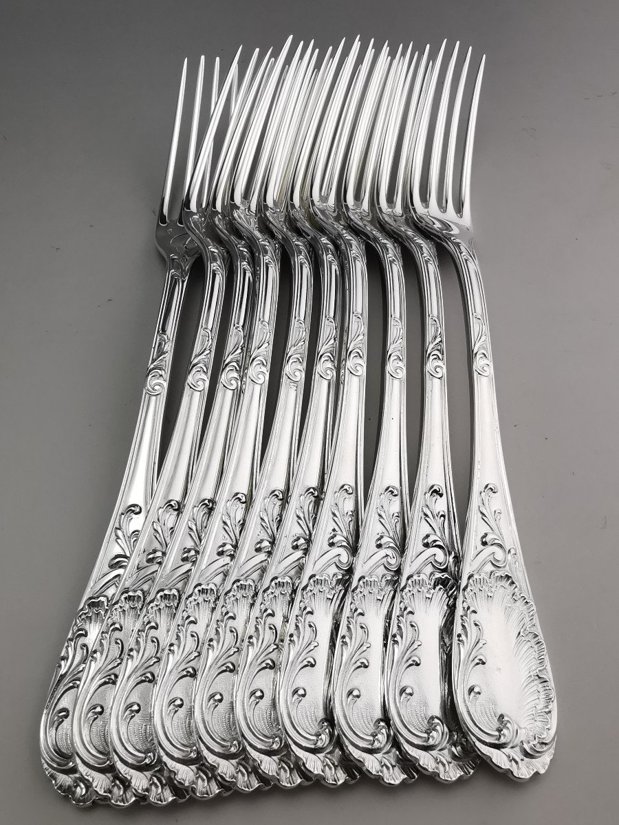 Puiforcat - "louis XV" - 10 Dessert Forks - Sterling Silver Minerve