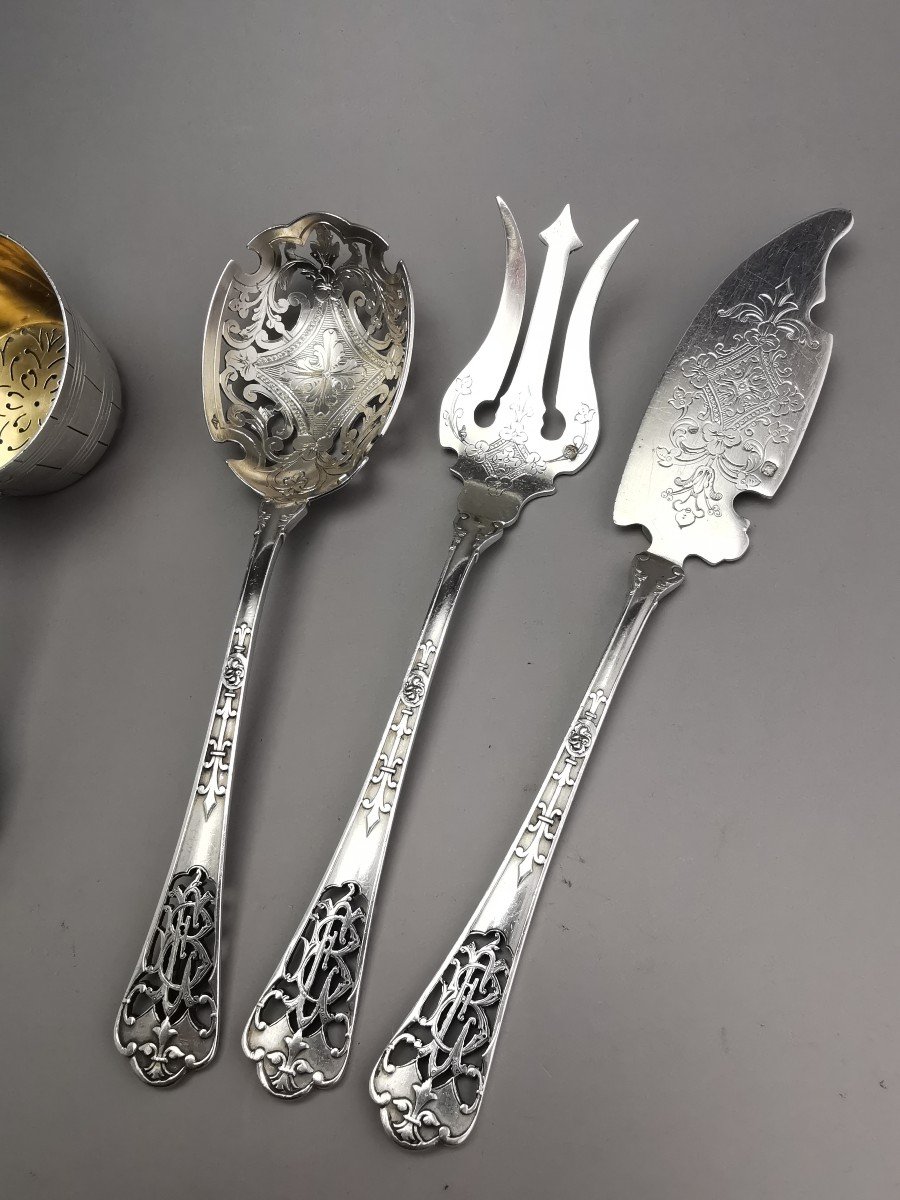 PUIFORCAT "Fer de Lance" - Rare ensemble de pièces de service à mignardises / thé - Argent -photo-1