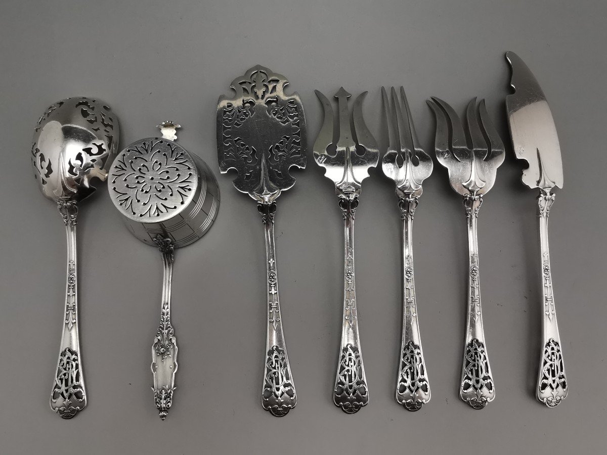 PUIFORCAT "Fer de Lance" - Rare ensemble de pièces de service à mignardises / thé - Argent -photo-8