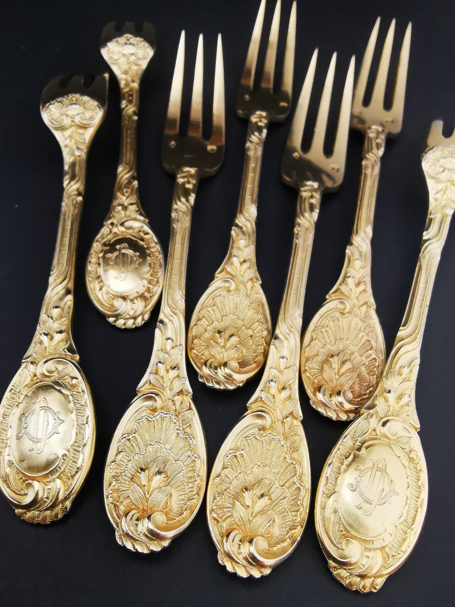 Odiot - "meissonnier" - 12 Dessert Forks - Silver Minerve Vermeil-photo-3