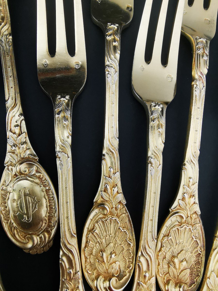 Odiot - "meissonnier" - 12 Dessert Forks - Silver Minerve Vermeil-photo-4