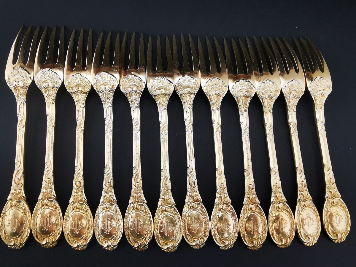 Odiot - "meissonnier" - 12 Dessert Forks - Silver Minerve Vermeil-photo-3