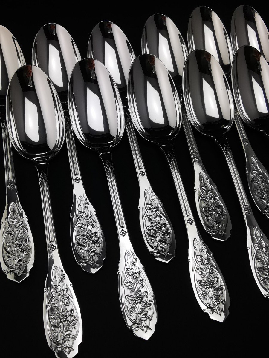 Puiforcat "feuillage Moderne" - 6 Dessert/entremet Spoons - Minerva Silver --photo-2