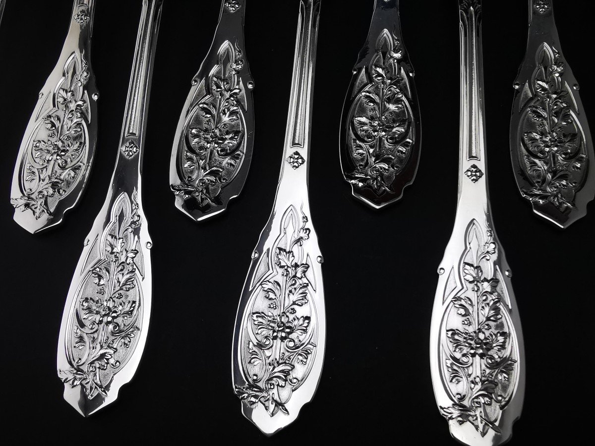 Puiforcat "feuillage Moderne" - 6 Dessert/entremet Spoons - Minerva Silver --photo-3