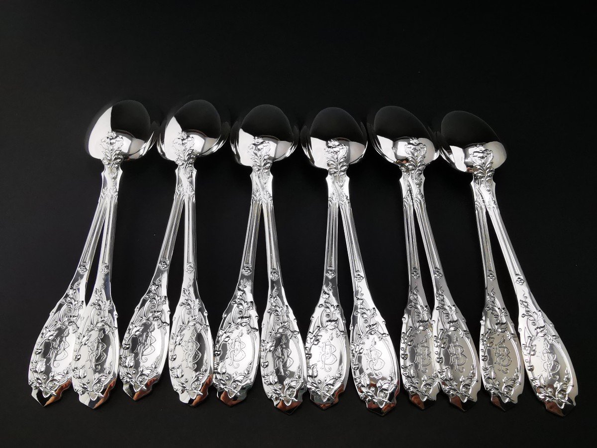 Puiforcat "feuillage Moderne" - 6 Dessert/entremet Spoons - Minerva Silver --photo-3