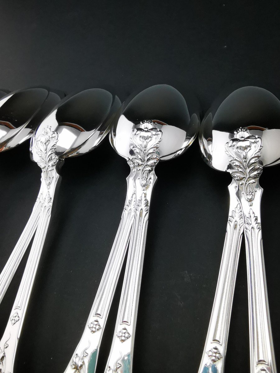 Puiforcat "feuillage Moderne" - 6 Dessert/entremet Spoons - Minerva Silver --photo-4