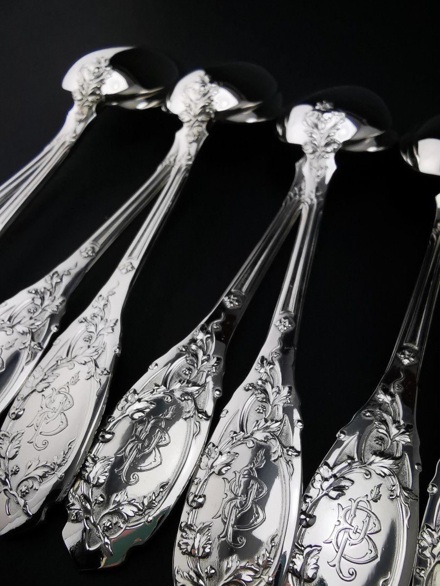 Puiforcat "feuillage Moderne" - 6 Dessert/entremet Spoons - Minerva Silver --photo-5