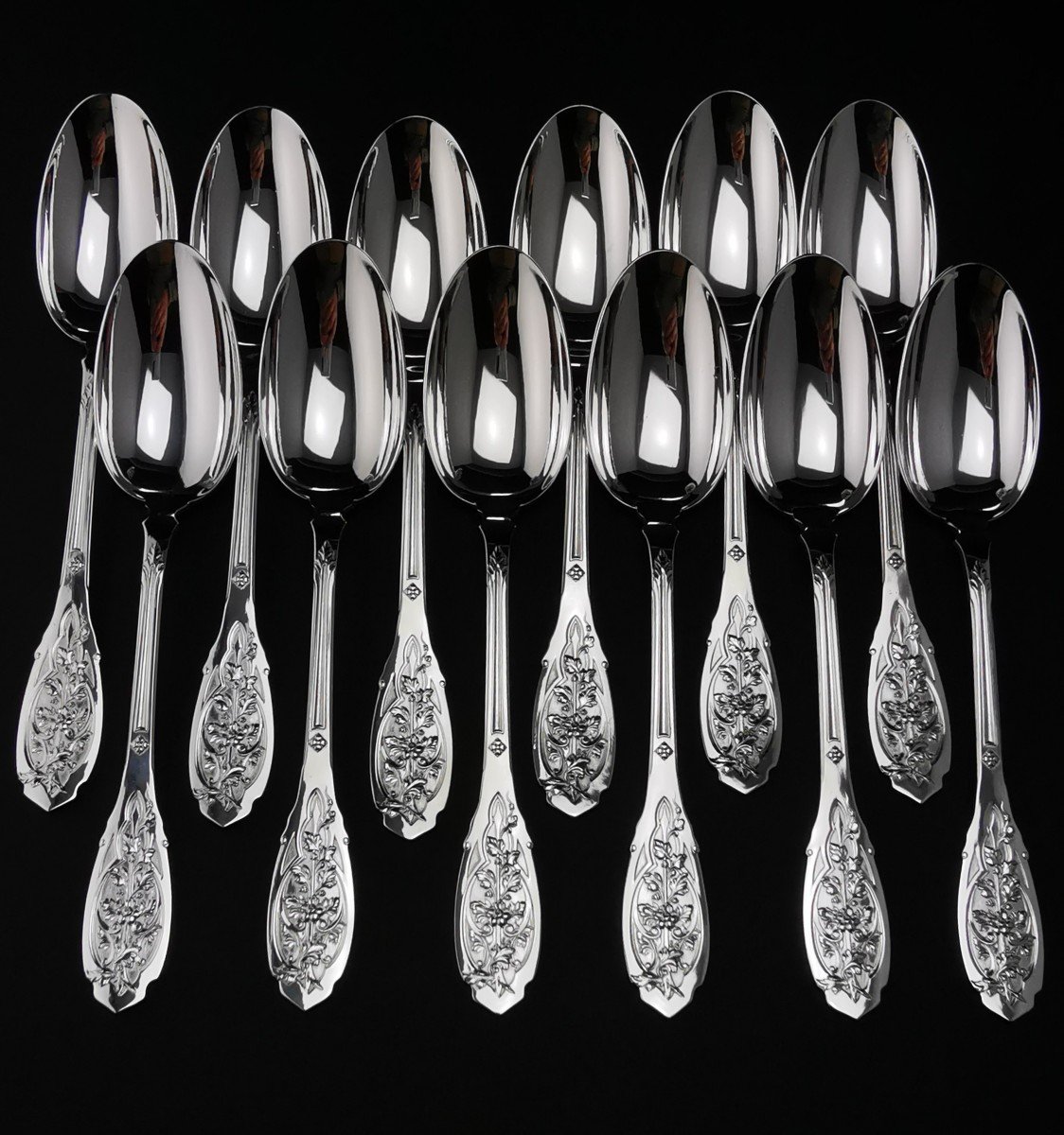 Puiforcat "feuillage Moderne" - 6 Dessert/entremet Spoons - Minerva Silver -