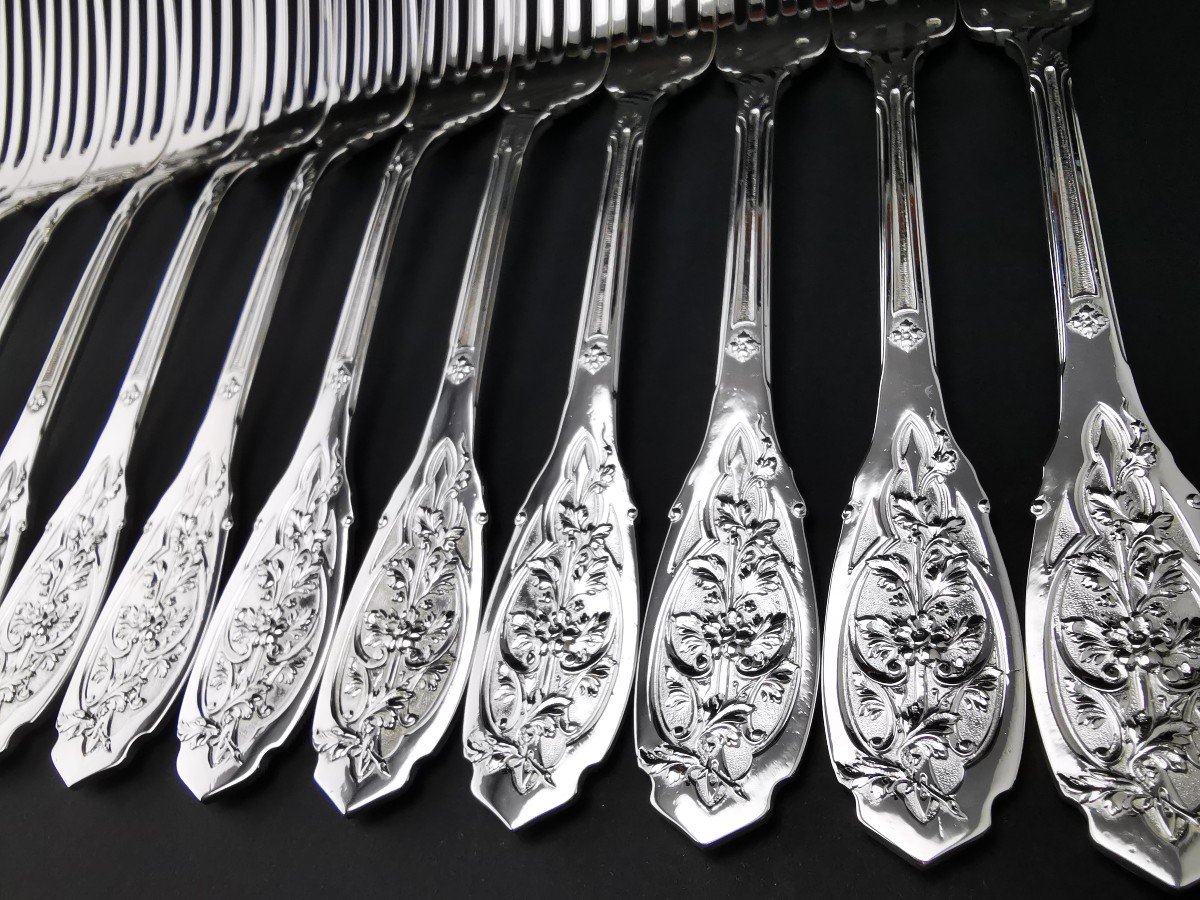 Puiforcat "feuillage Moderne" - 6 Dessert/entremet Forks - Minerva Silver --photo-5