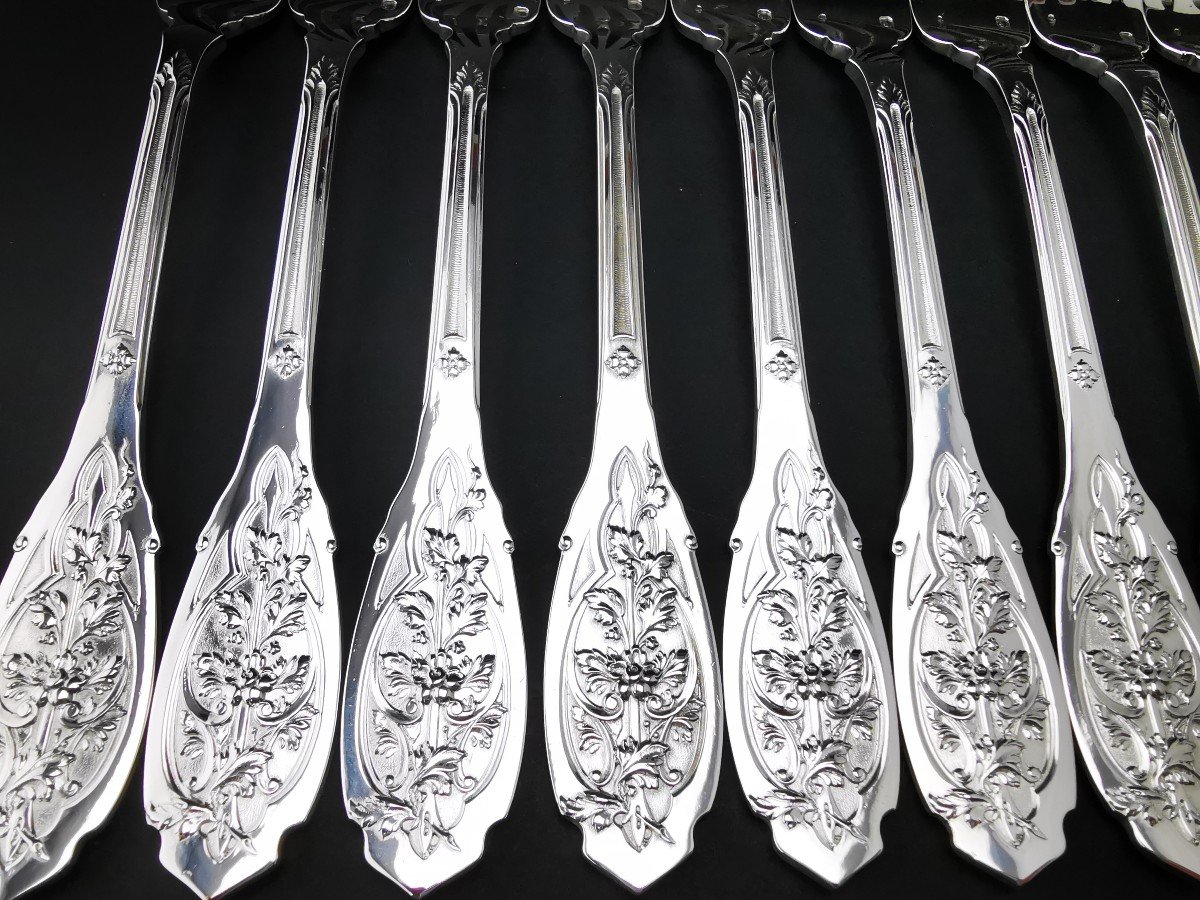 Puiforcat "feuillage Moderne" - 6 Dessert/entremet Forks - Minerva Silver --photo-6