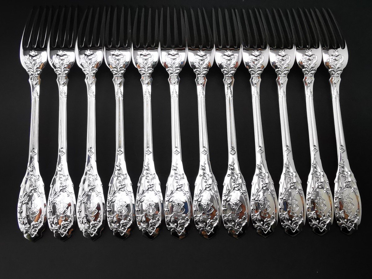 Puiforcat "feuillage Moderne" - 6 Dessert/entremet Forks - Minerva Silver --photo-8