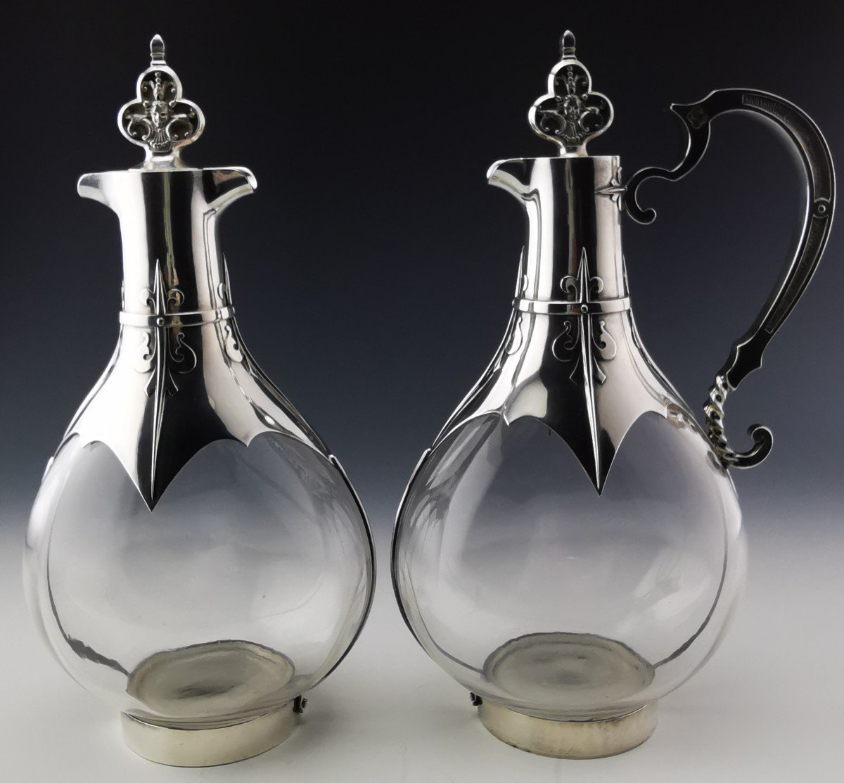 Cardeilhac - "renaissance" Pair Of Carafes - Crystal & Silver Minerva