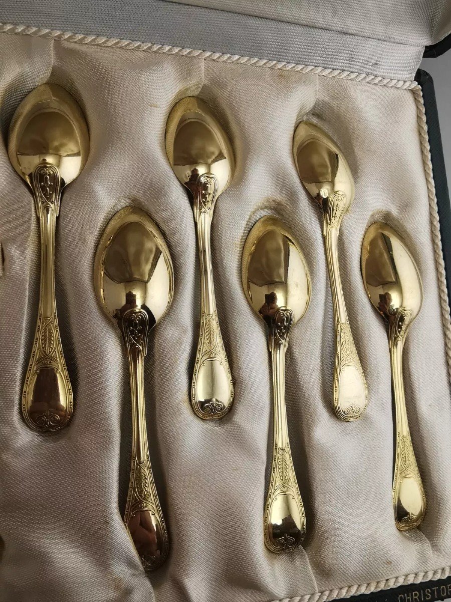 Christofle & Cardeilhac - 12 Mocha Spoons And 1 Brienne Sugar Tongs - Sterling Silver Vermeil-photo-2