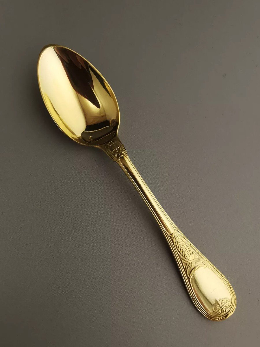 Christofle & Cardeilhac - 12 Mocha Spoons And 1 Brienne Sugar Tongs - Sterling Silver Vermeil-photo-2