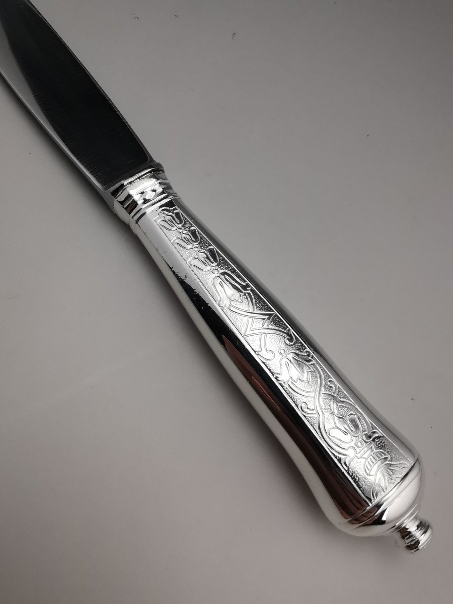 Puiforcat "soubise" - 6 Dessert / Entremet Knives - Minerva Silver (15 Available)-photo-3