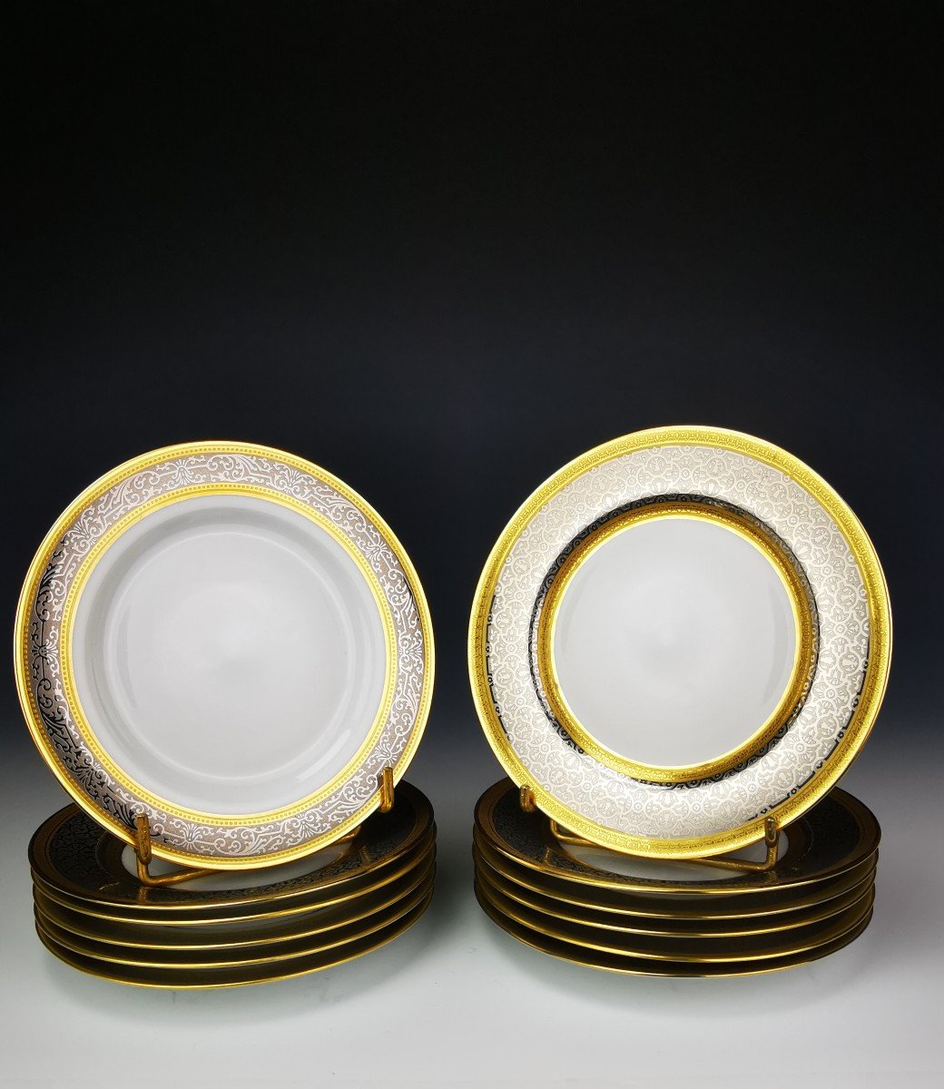 Bernardaud "Vulcain" - 12 Assiettes à Pain ø 16,5 Cm Incrustation Or Et Platine