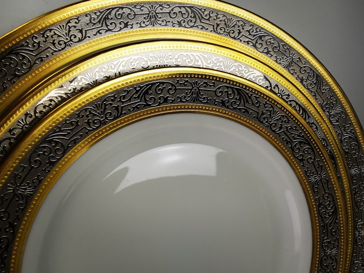 Bernardaud "vulcain" - 6 Cake Plates ø 18.5 Cm Gold And Platinum Inlay-photo-3