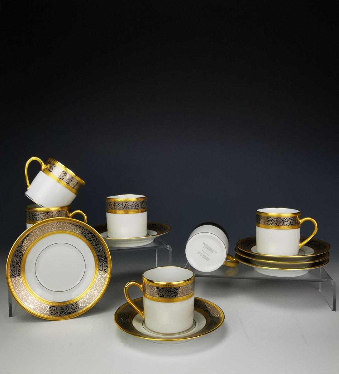 Bernardaud "Vulcain" - 6 Tasses à Café Et Soucoupes - Incrustation Or Et Platine