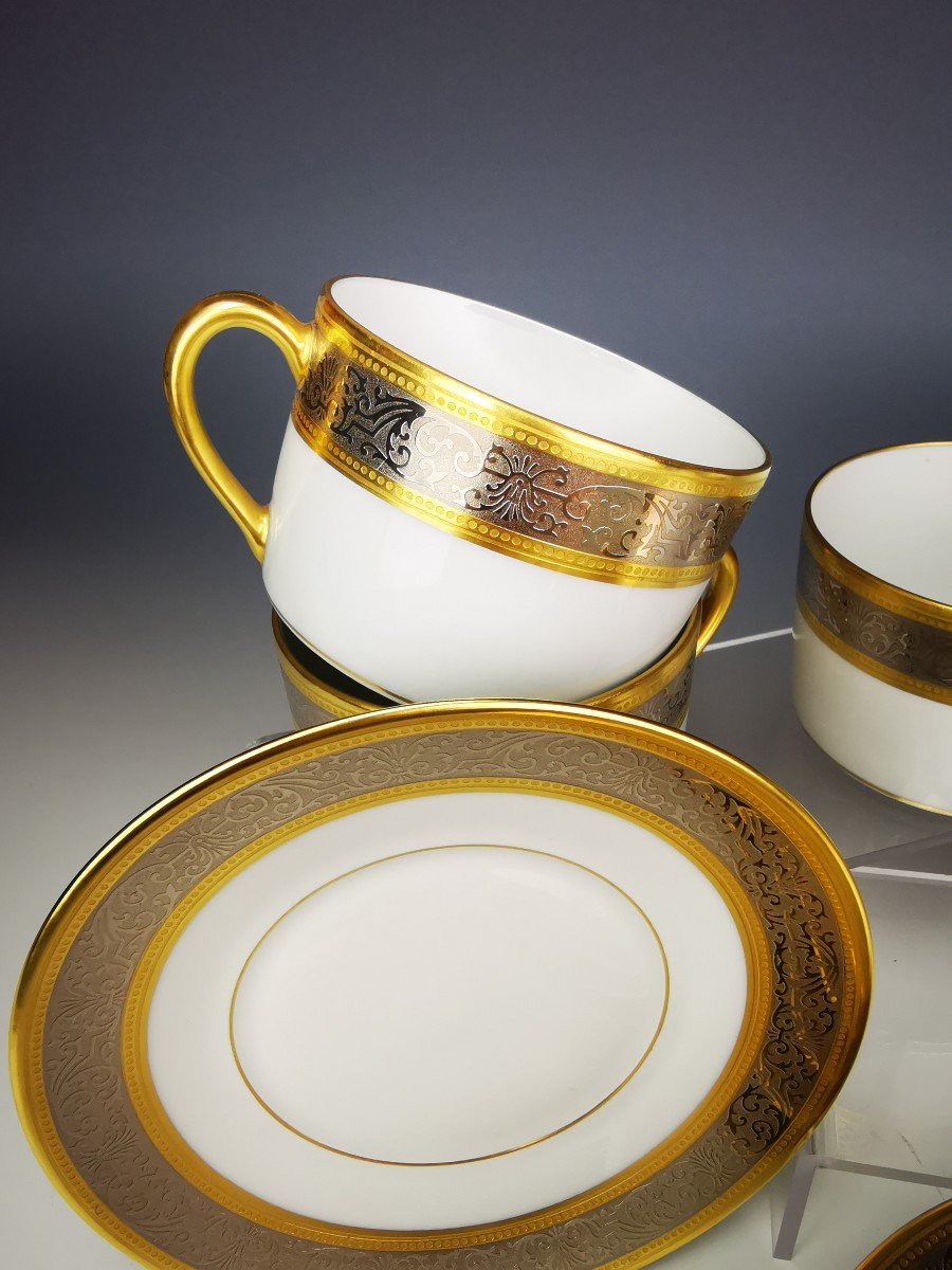 Bernardaud "vulcain" - 6 Teacups And Saucers - Gold And Platinum Inlay-photo-4