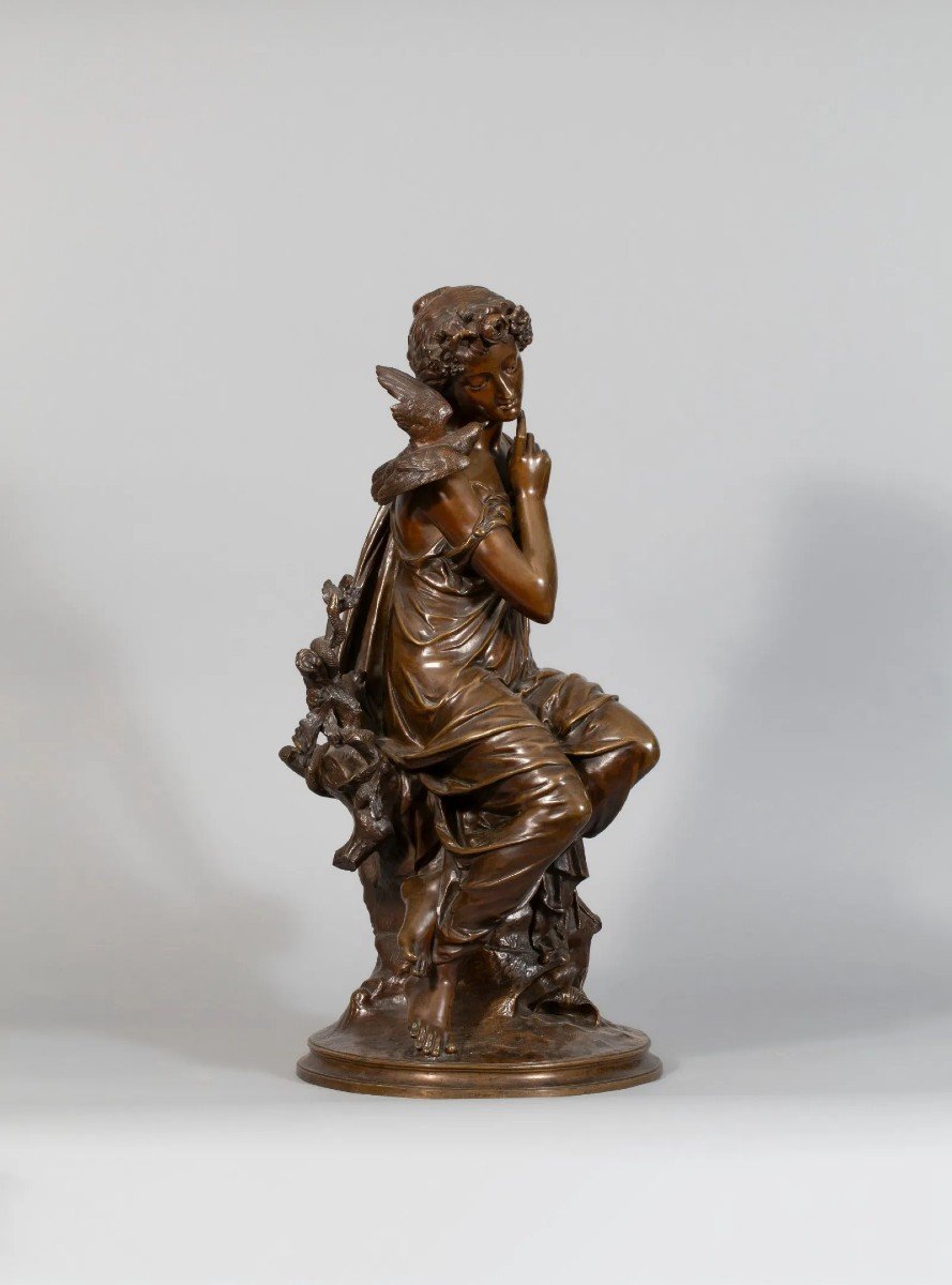 Jean Bulio - Statue En Bronze - Jeune Femme à La Colombe - 71 Cm - C.1860-photo-3