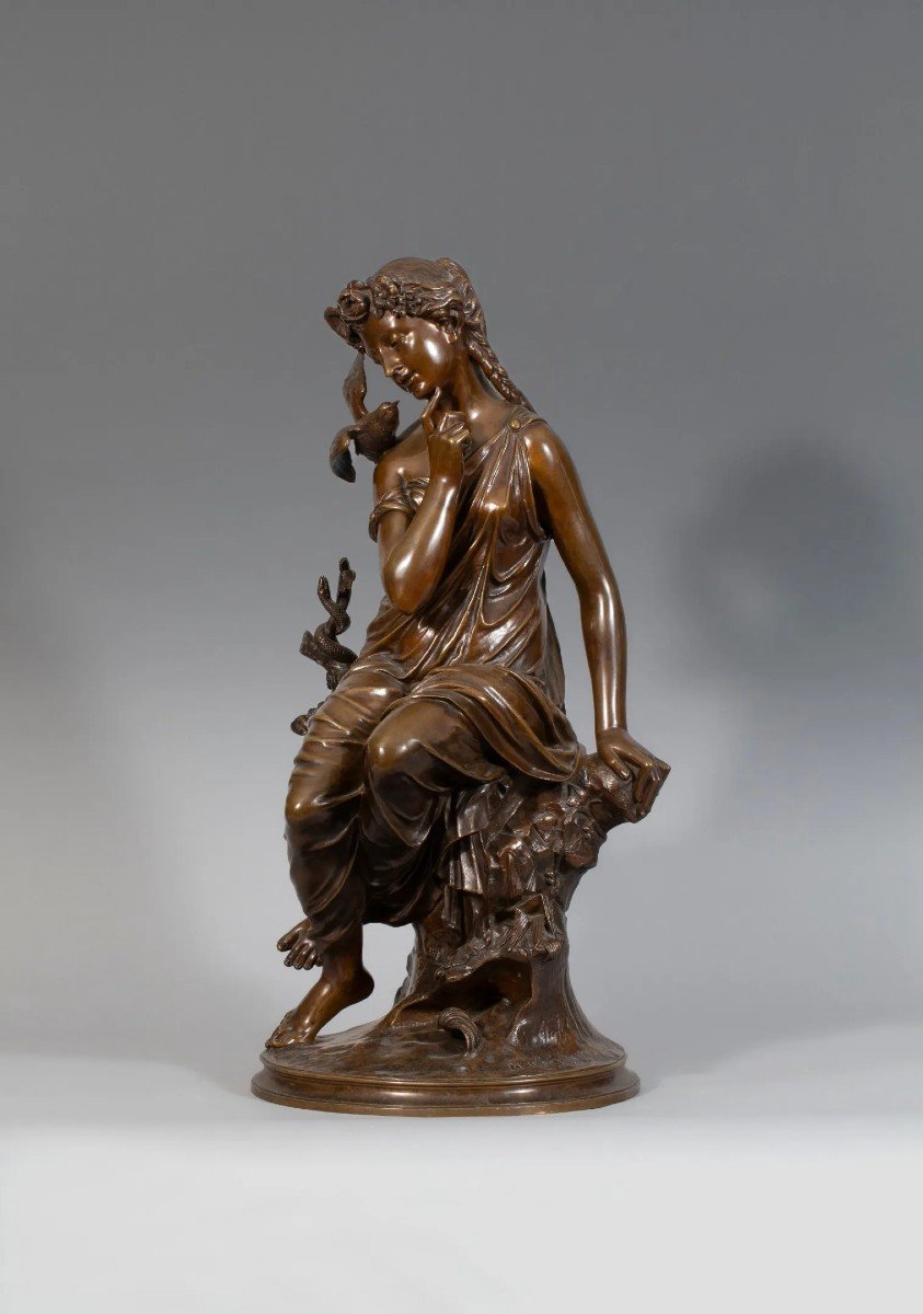 Jean Bulio - Statue En Bronze - Jeune Femme à La Colombe - 71 Cm - C.1860-photo-4