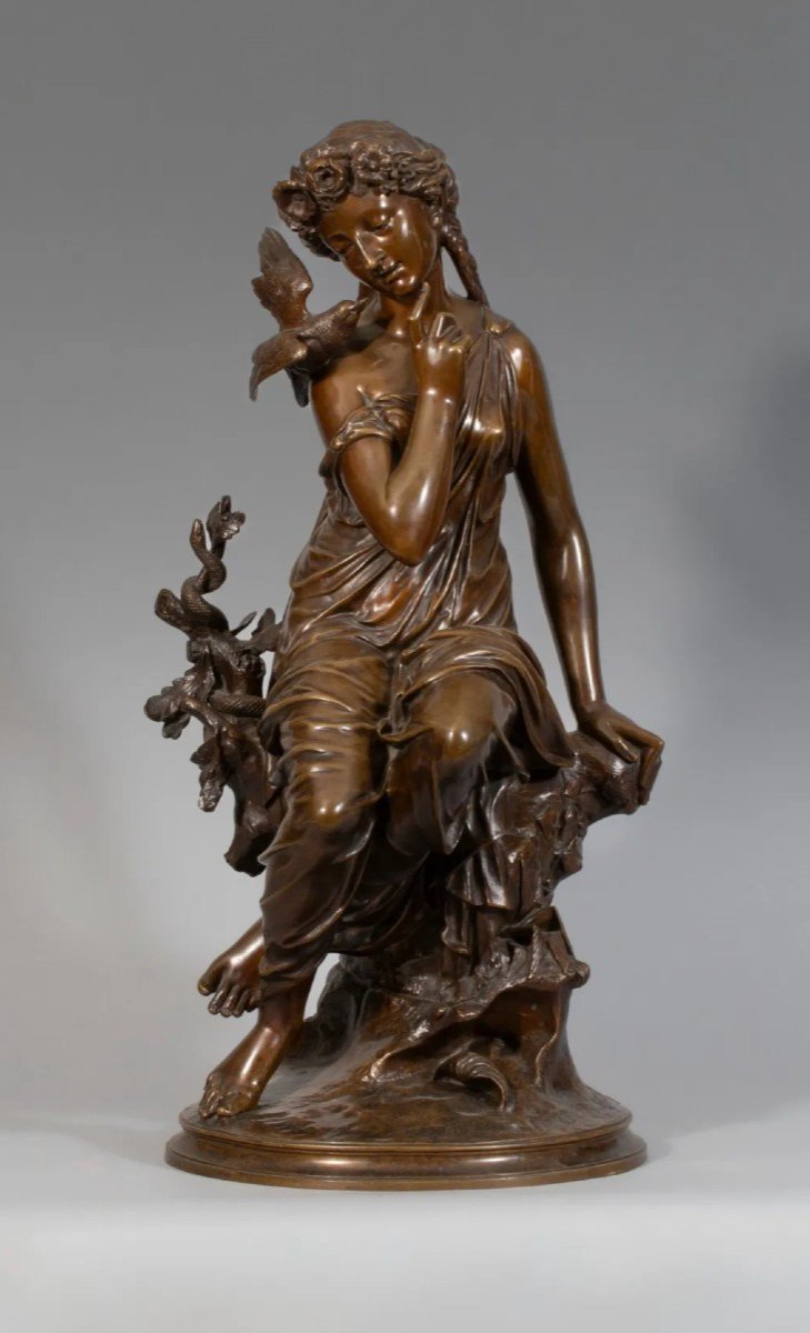 Jean Bulio - Statue En Bronze - Jeune Femme à La Colombe - 71 Cm - C.1860