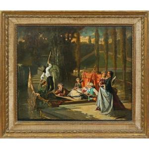 Auguste Serrure (1825-1903) - "la Promenade Sur l'Eau" - Oil On Canvas