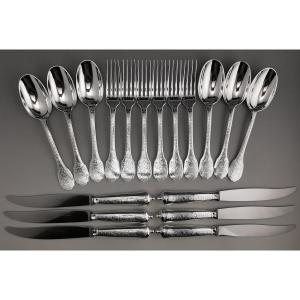 Puiforcat - "Soubise" - Partie De Service De Table - 18 Pc Argent Massif Minerve