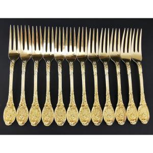 Odiot - "meissonnier" - 12 Dessert Forks - Silver Minerve Vermeil