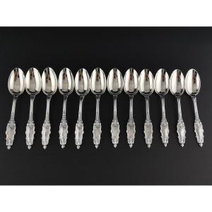 Puiforcat - "acanthe" - 12 Cuillères à Café (24 Pcs Disponible) - Argent Minerve