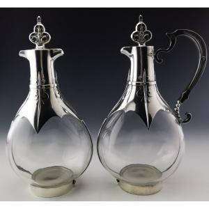 Cardeilhac - "renaissance" Paire De Carafe - Cristal & Argent Minerve