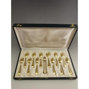 Christofle & Cardeilhac - 12 Mocha Spoons And 1 Brienne Sugar Tongs - Sterling Silver Vermeil