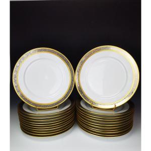 Bernardaud "vulcain" - 12 Assiettes De Table ø26 Cm (23 Disponibles) Incrustation Or Et Platine