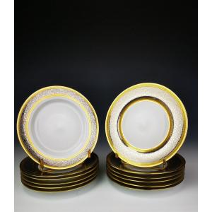 Bernardaud "Vulcain" - 12 Assiettes à Pain ø 16,5 Cm Incrustation Or Et Platine