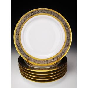 Bernardaud "Vulcain" - 6 Assiettes à Gâteau ø 18,5 Cm  Incrustation Or Et Platine