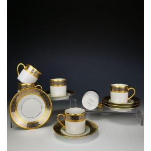 Bernardaud "Vulcain" - 6 Tasses à Café Et Soucoupes - Incrustation Or Et Platine