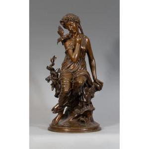 Jean Bulio - Statue En Bronze - Jeune Femme à La Colombe - 71 Cm - C.1860