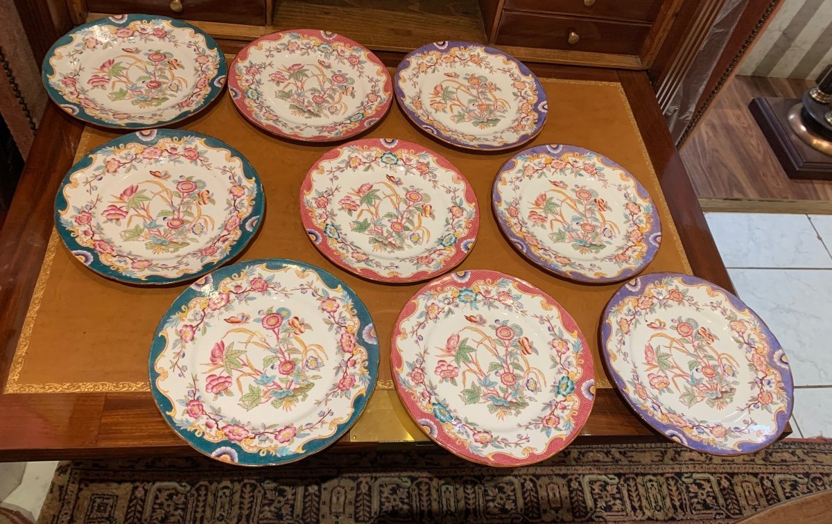 Set Of 9 Sarreguemines Porcelain Dessert Plates, Minton Decor