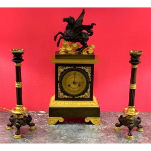 Charles X Clock & Candlesticks, Brown Bronze & Gold
