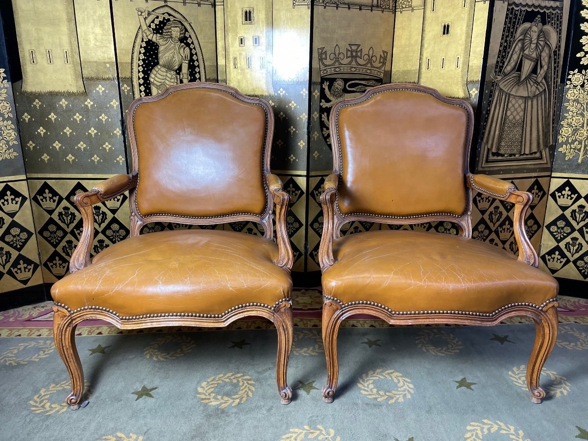 Paire De Fauteuils De Style Louis XV Cuir 