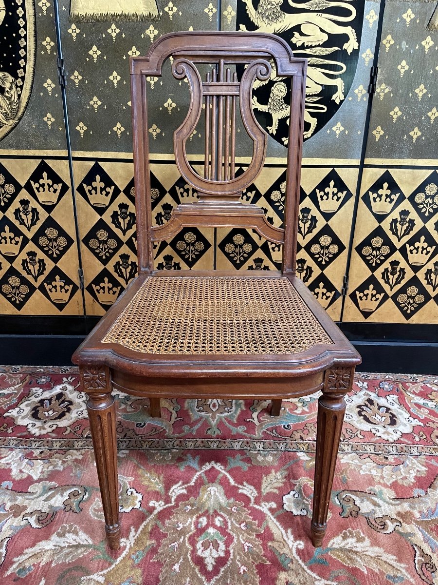 Suite Of 10 Louis XVI Style Chairs "lyre" In Caning-photo-4