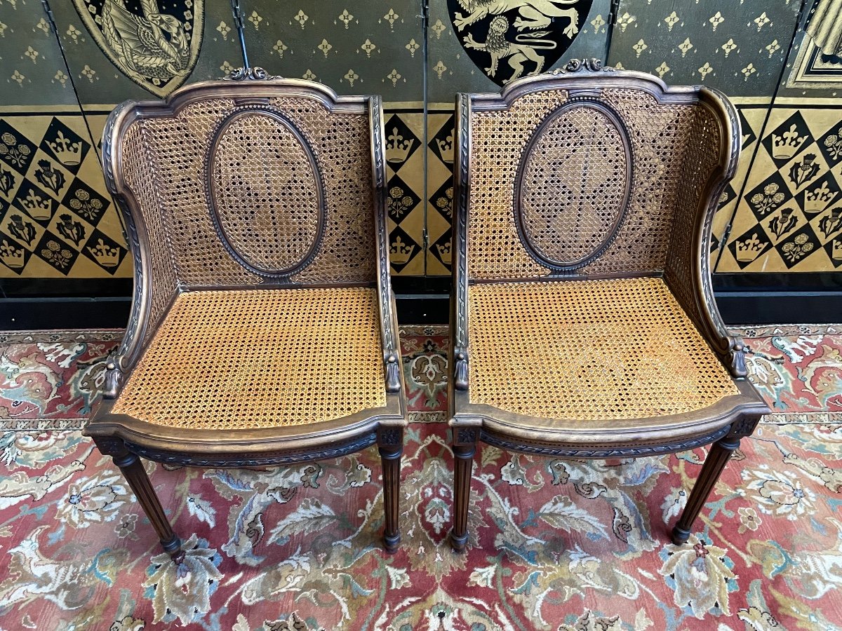 Pair Of Bergere Armchairs With Wings In Caning Louis XVI-photo-4