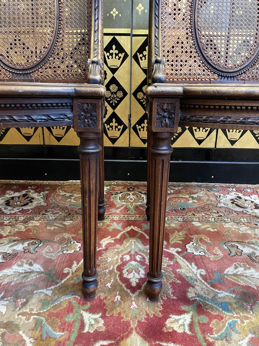 Pair Of Bergere Armchairs With Wings In Caning Louis XVI-photo-1