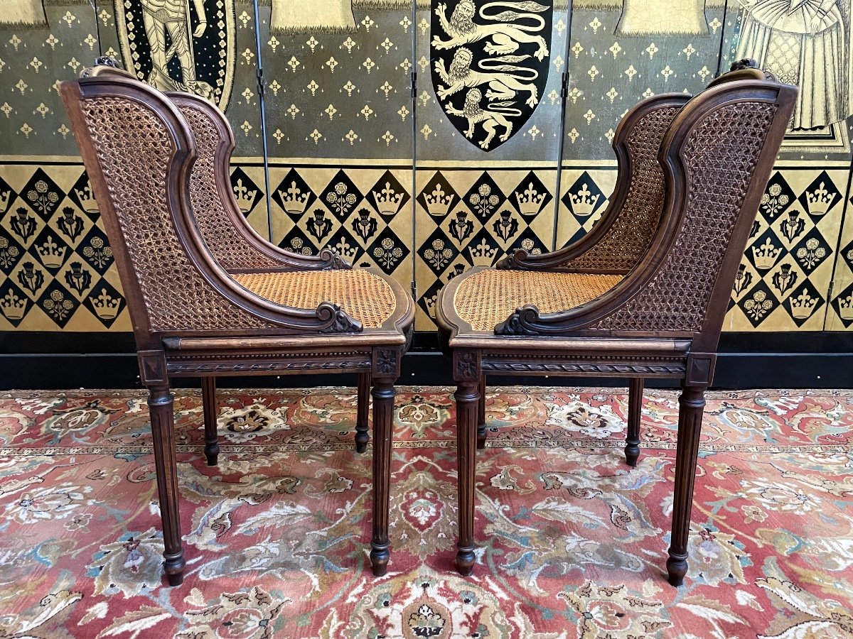 Pair Of Bergere Armchairs With Wings In Caning Louis XVI-photo-4