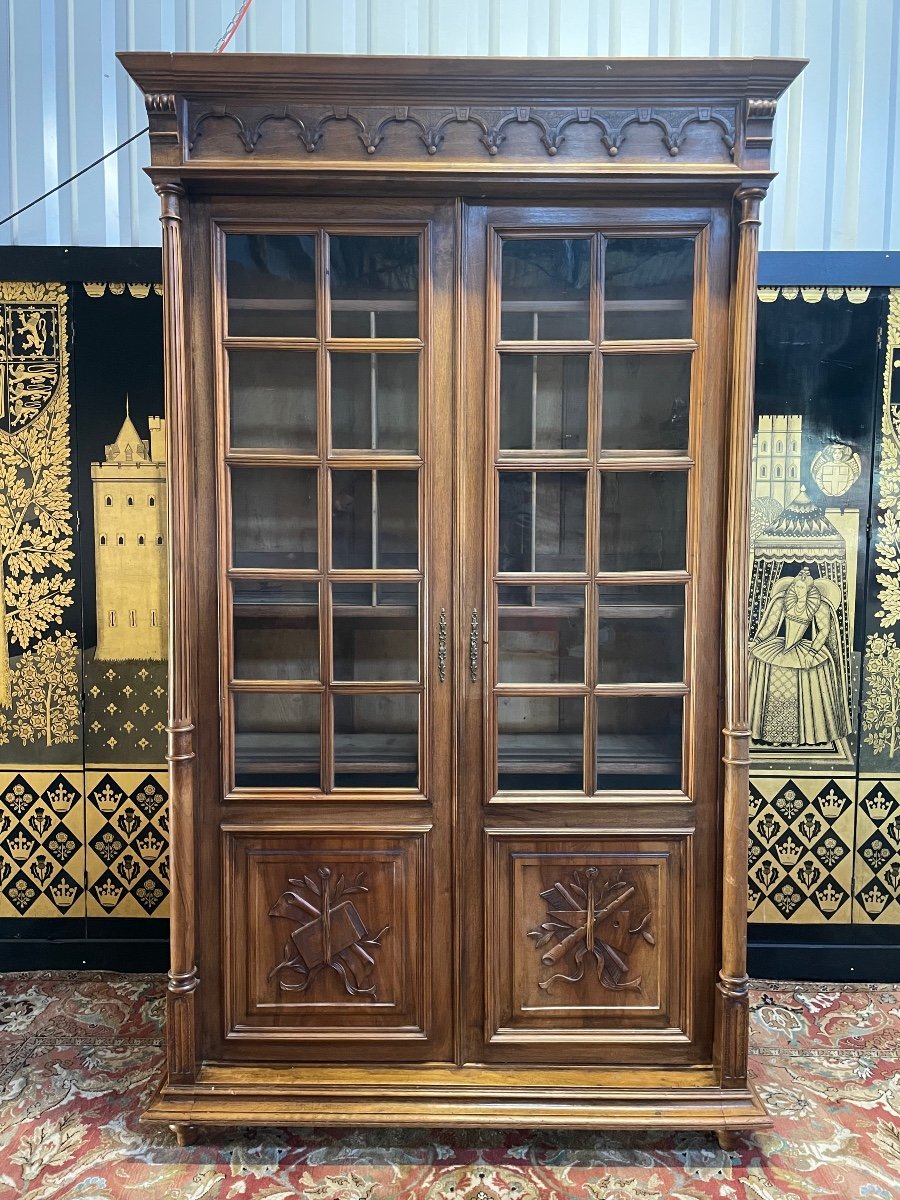 Armoire - Bibliothèque - Vitrine En Noyer Style Renaissance 