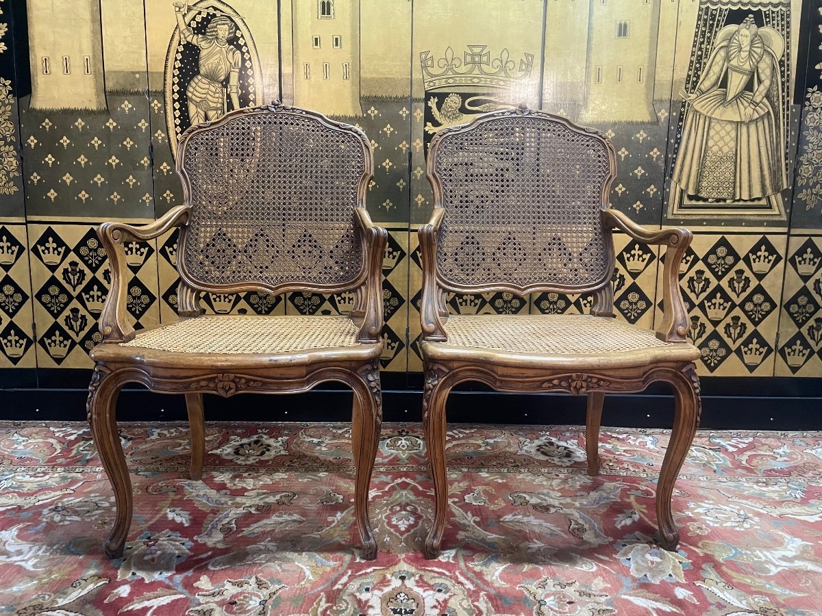 Pair Of Regency Style Cane Armchairs - Louis XV