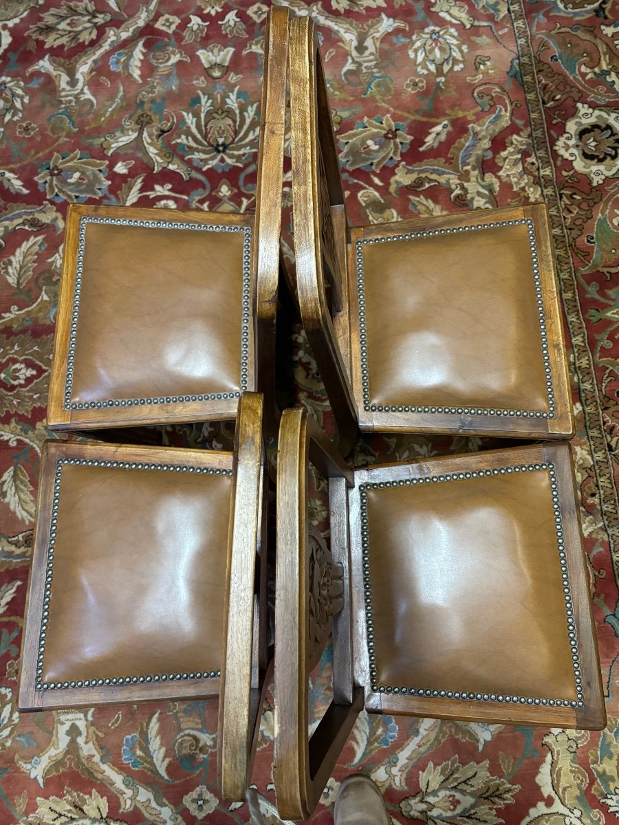 4 Art Deco Chairs Leather Seat-photo-3